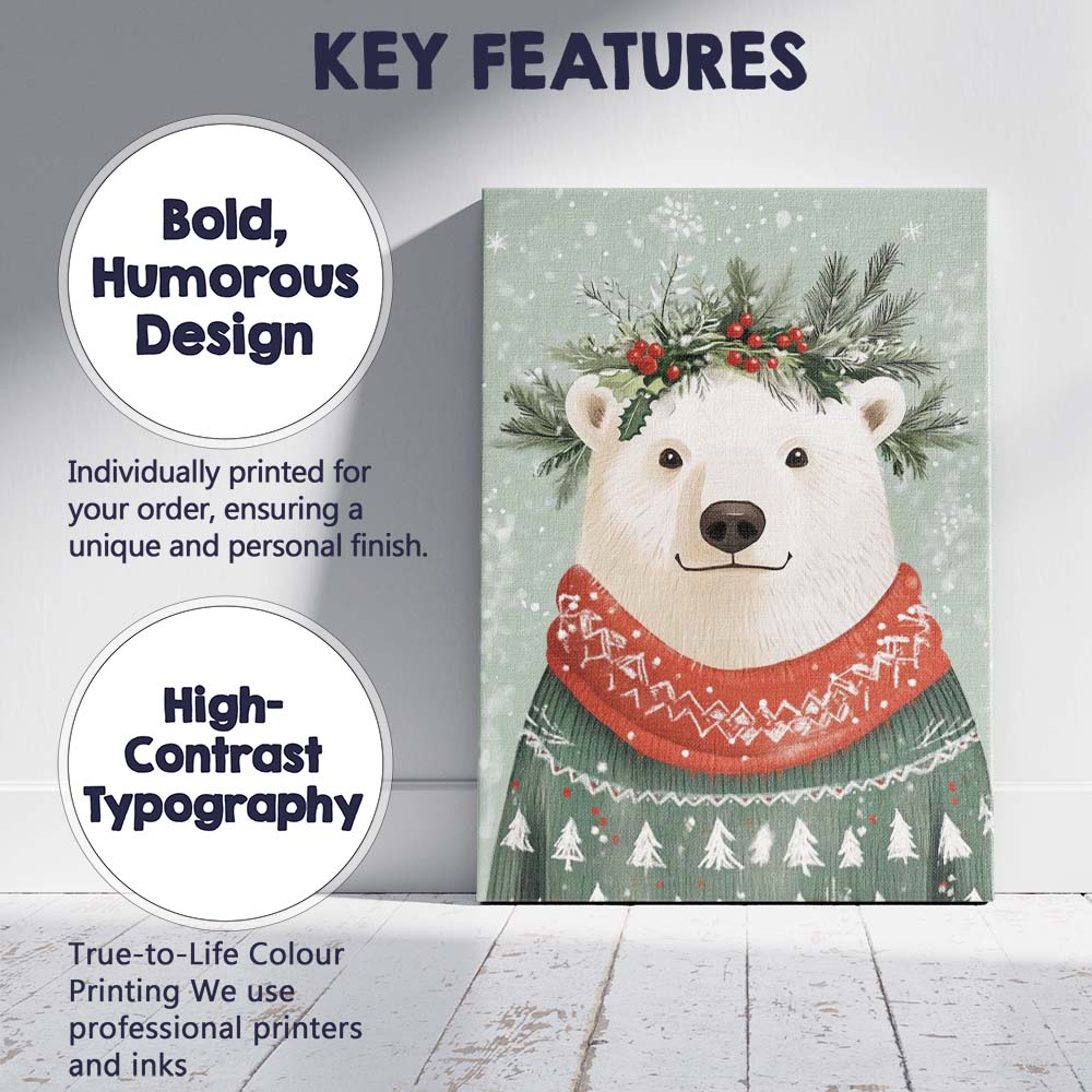Cute Polar Bear Wearing Festive Christmas Jumper Woodland Winter Illustration Canvas Wall Art Print Decor Picture Ready to Hang