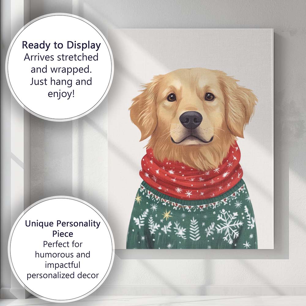 Cute Golden Retriever Christmas Jumper Red Scarf Festive Dog Portrait Canvas Wall Art Print Decor Picture Ready to Hang