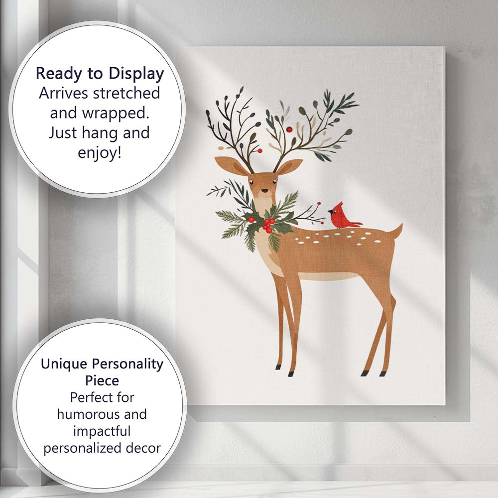 Minimalist Woodland Reindeer Holly Wreath Cardinal Bird Christmas Illustration Canvas Wall Art Print Decor Picture Ready to Hang