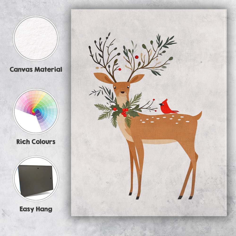Minimalist Woodland Reindeer Holly Wreath Cardinal Bird Christmas Illustration Canvas Wall Art Print Decor Picture Ready to Hang