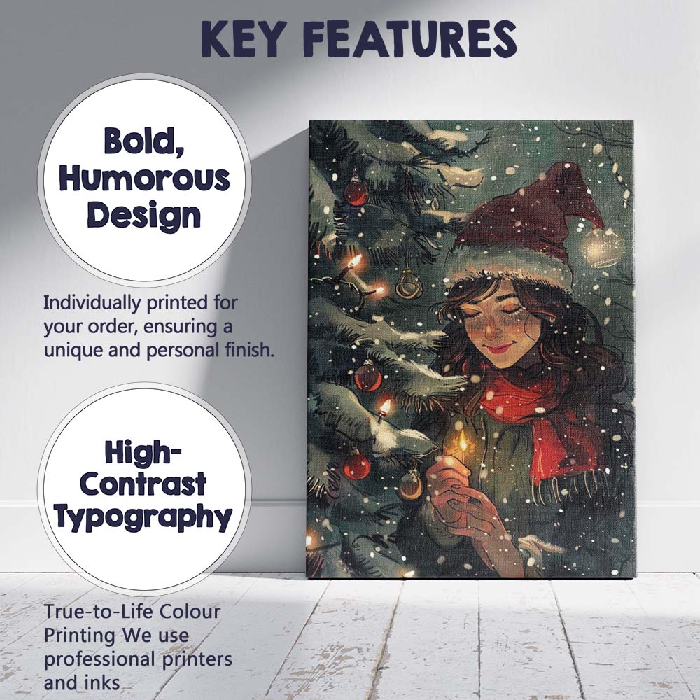 Cosy Christmas Tree Candlelight Winter Woman Festive Illustration Canvas Wall Art Print Decor Picture Ready to Hang