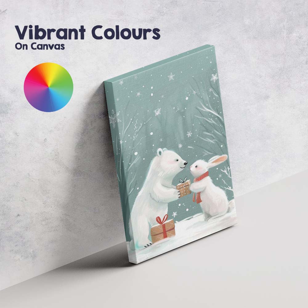 Cute Polar Bear And Bunny Christmas Gift Winter Woodland Illustration Canvas Wall Art Print Decor Picture Ready to Hang