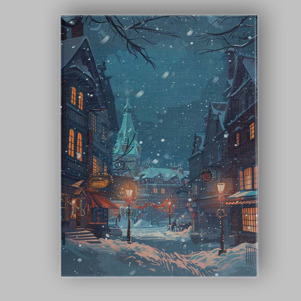 Snowy Christmas Village Night Street Festive Winter Illustration Canvas Wall Art Print Decor Picture Ready to Hang