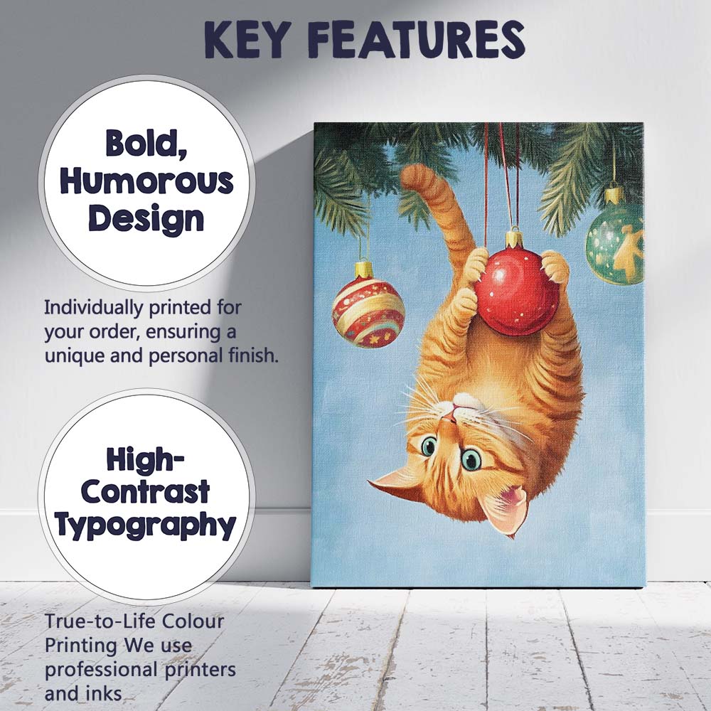 Playful Ginger Tabby Cat Hanging From Christmas Bauble Illustration Canvas Wall Art Print Decor Picture Ready to Hang