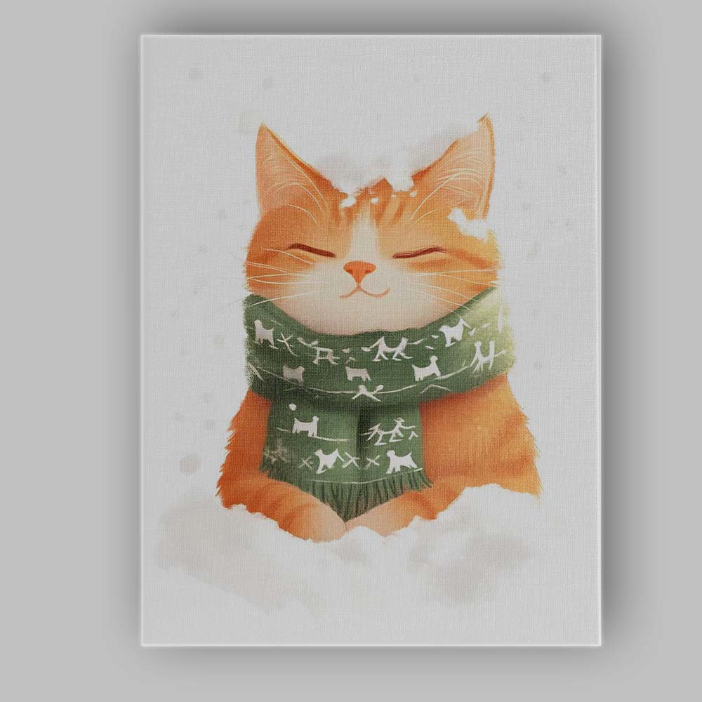 Cosy Sleeping Ginger Kitten In Snow With Green Winter Scarf Canvas Wall Art Print Decor Picture Ready to Hang