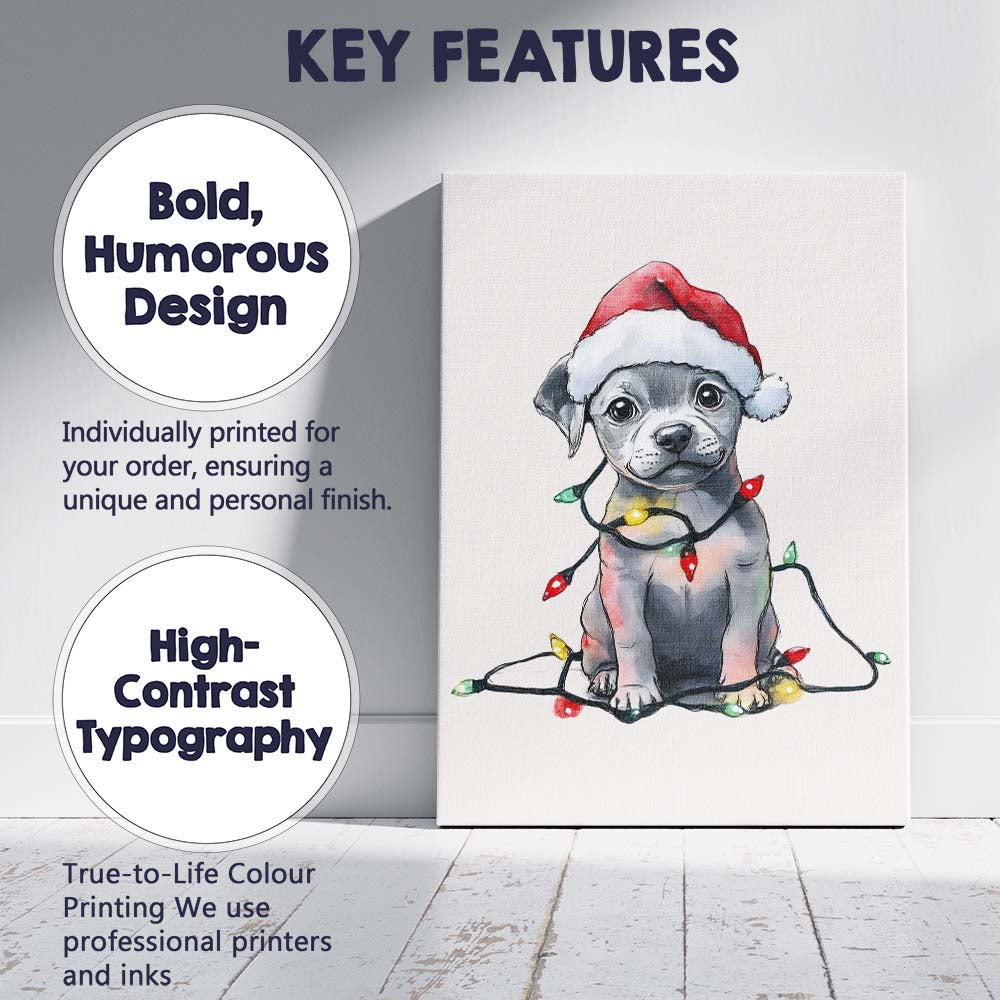 Cute Christmas Puppy Wearing Santa Hat With Festive Fairy Lights Canvas Wall Art Print Decor Picture Ready to Hang