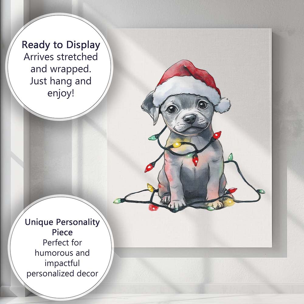 Cute Christmas Puppy Wearing Santa Hat With Festive Fairy Lights Canvas Wall Art Print Decor Picture Ready to Hang