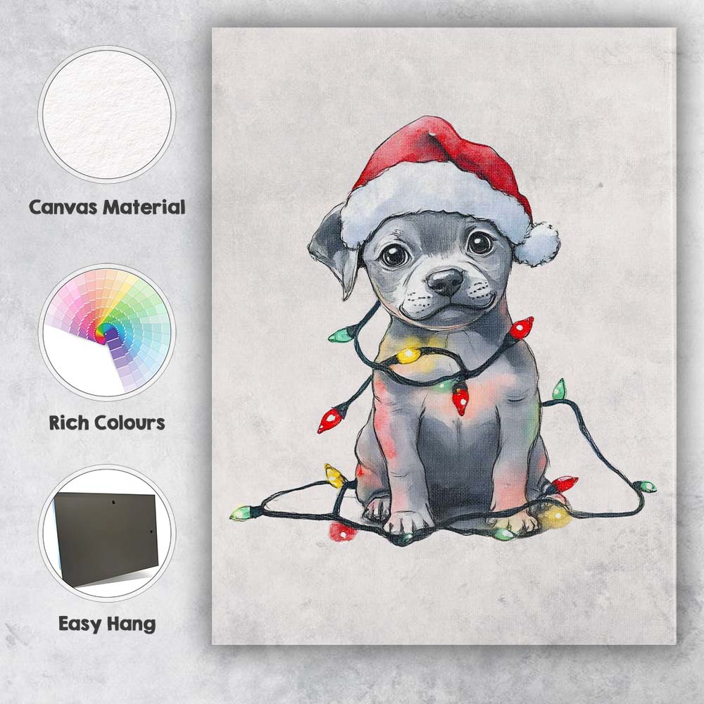 Cute Christmas Puppy Wearing Santa Hat With Festive Fairy Lights Canvas Wall Art Print Decor Picture Ready to Hang