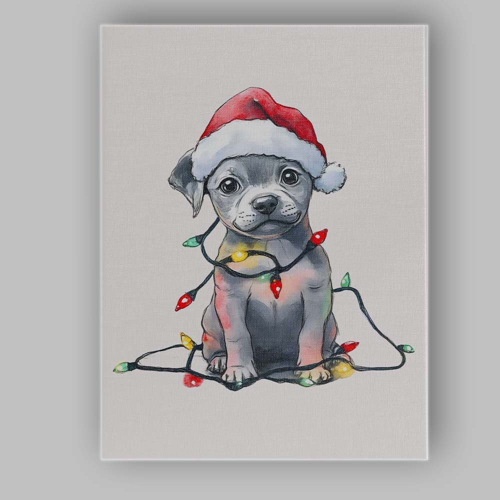 Cute Christmas Puppy Wearing Santa Hat With Festive Fairy Lights Canvas Wall Art Print Decor Picture Ready to Hang