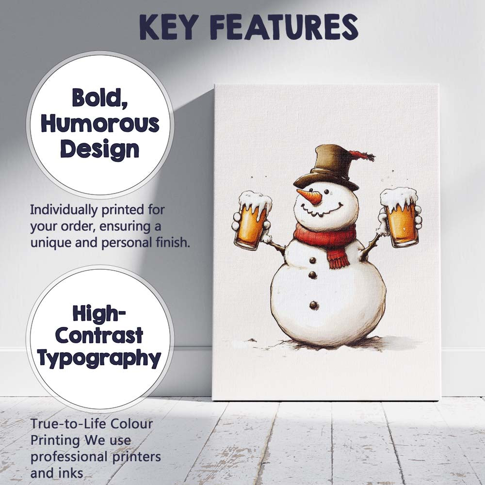 Cheerful Snowman Holding Frothy Beer Glasses Winter Humour Canvas Wall Art Print Decor Picture Ready to Hang