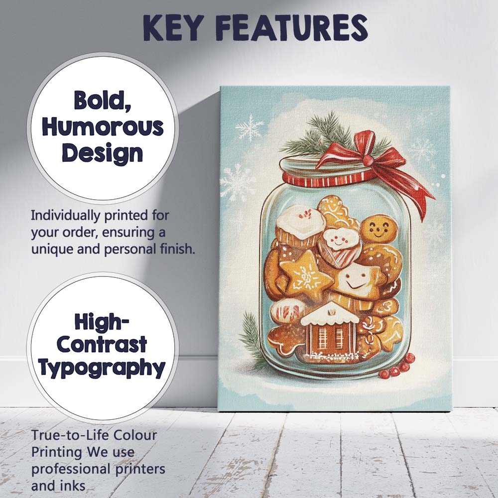 Festive Gingerbread Cookies In Glass Jar Christmas Baking Illustration Canvas Wall Art Print Decor Picture Ready to Hang