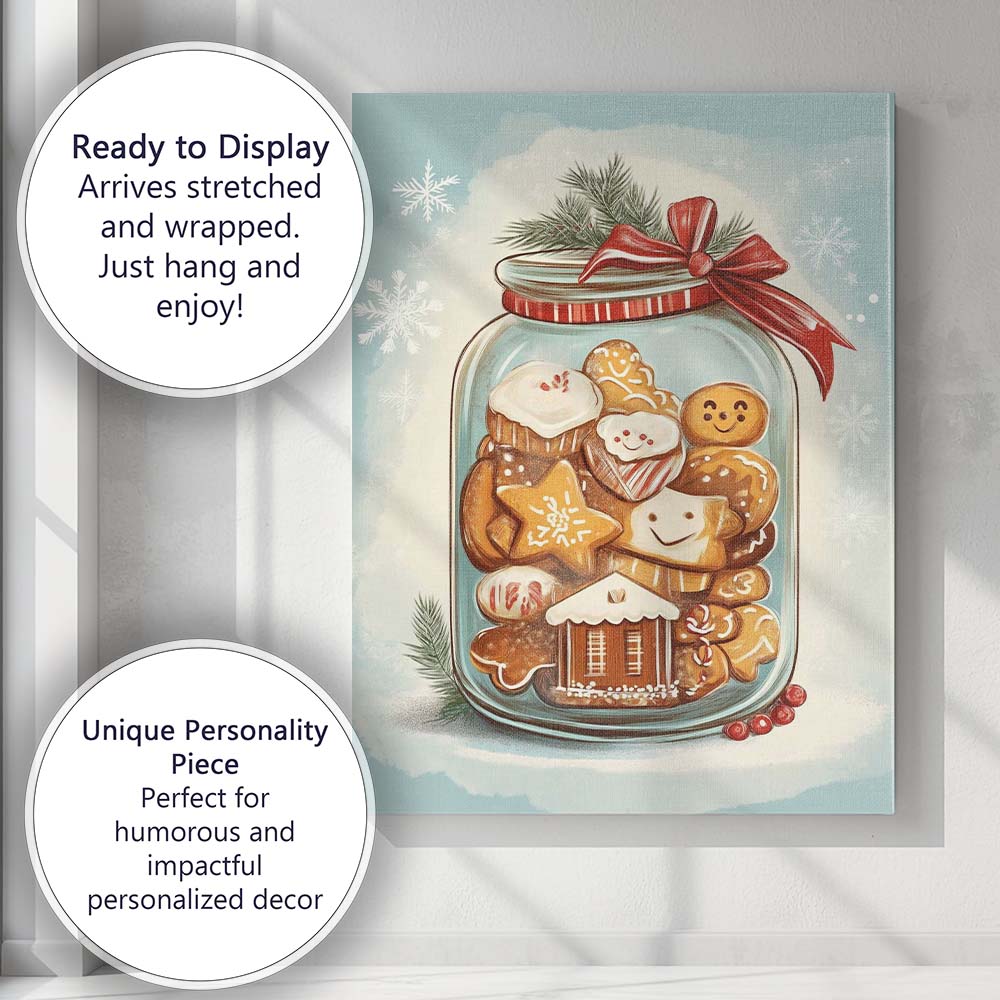 Festive Gingerbread Cookies In Glass Jar Christmas Baking Illustration Canvas Wall Art Print Decor Picture Ready to Hang