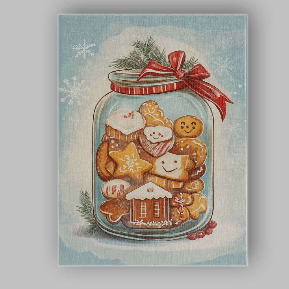 Festive Gingerbread Cookies In Glass Jar Christmas Baking Illustration Canvas Wall Art Print Decor Picture Ready to Hang