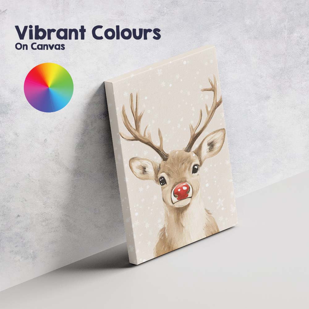 Watercolour Reindeer Portrait With Red Nose Christmas Illustration Canvas Wall Art Print Decor Picture Ready to Hang