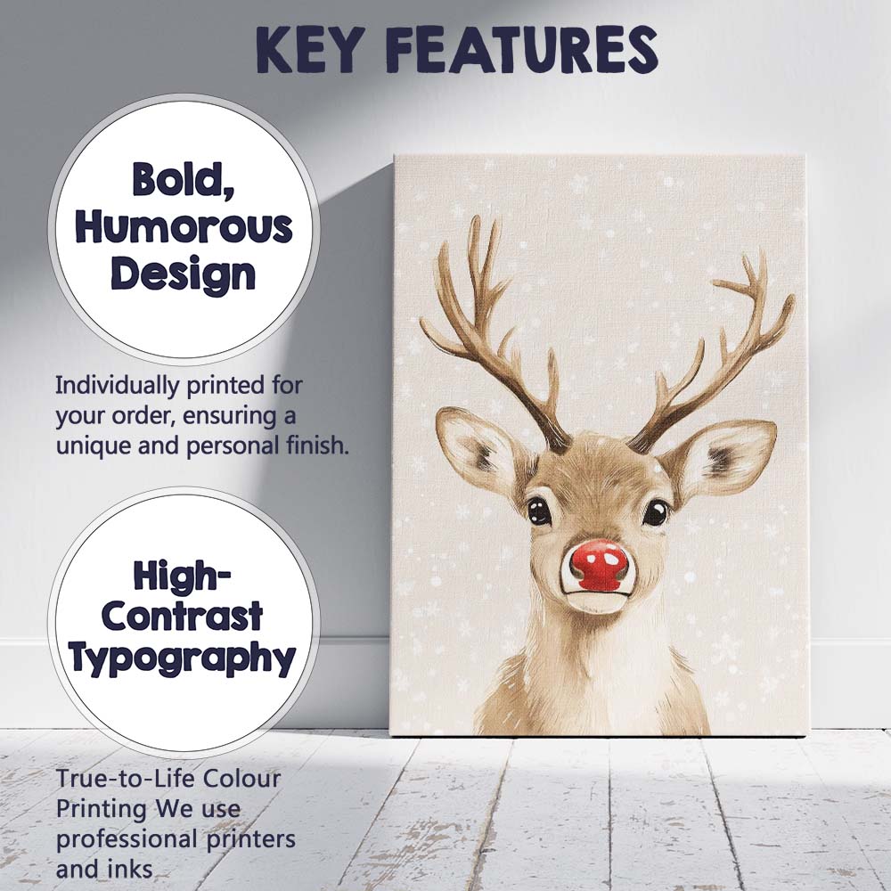 Watercolour Reindeer Portrait With Red Nose Christmas Illustration Canvas Wall Art Print Decor Picture Ready to Hang