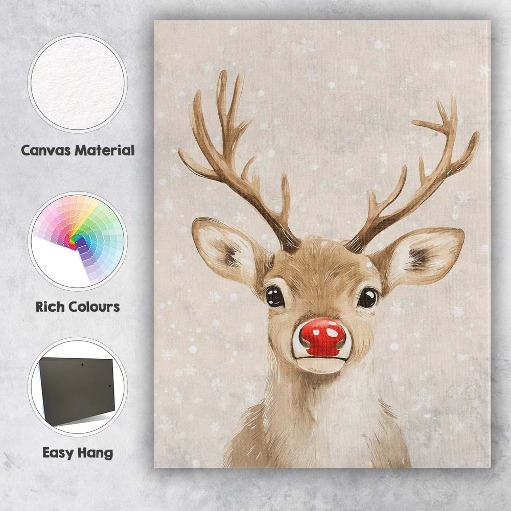 Watercolour Reindeer Portrait With Red Nose Christmas Illustration Canvas Wall Art Print Decor Picture Ready to Hang