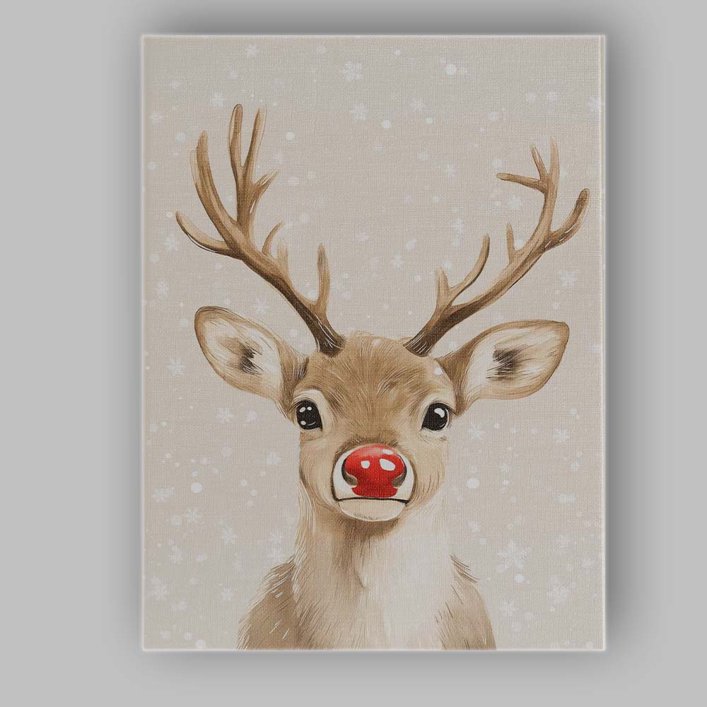 Watercolour Reindeer Portrait With Red Nose Christmas Illustration Canvas Wall Art Print Decor Picture Ready to Hang