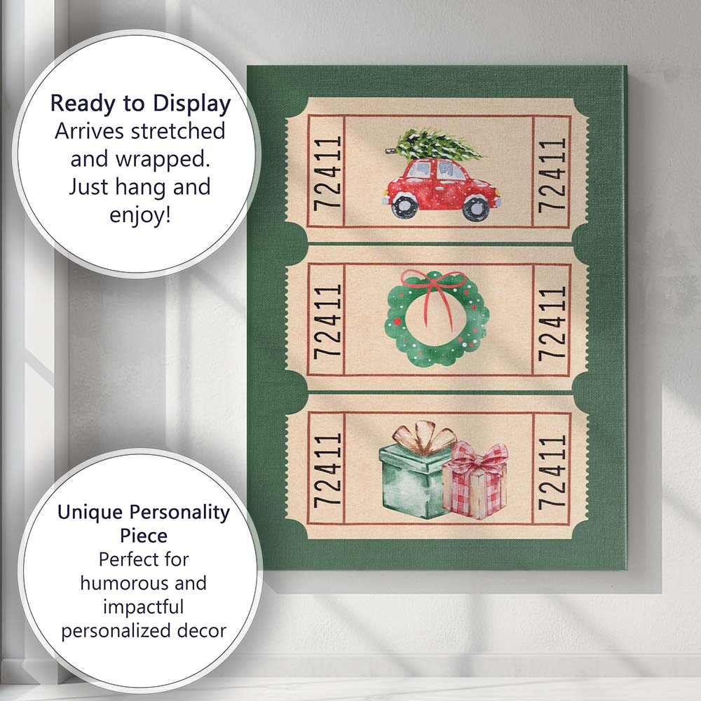 Watercolour Christmas Car Wreath And Gift Ticket Collection Canvas Wall Art Print Decor Picture Ready to Hang