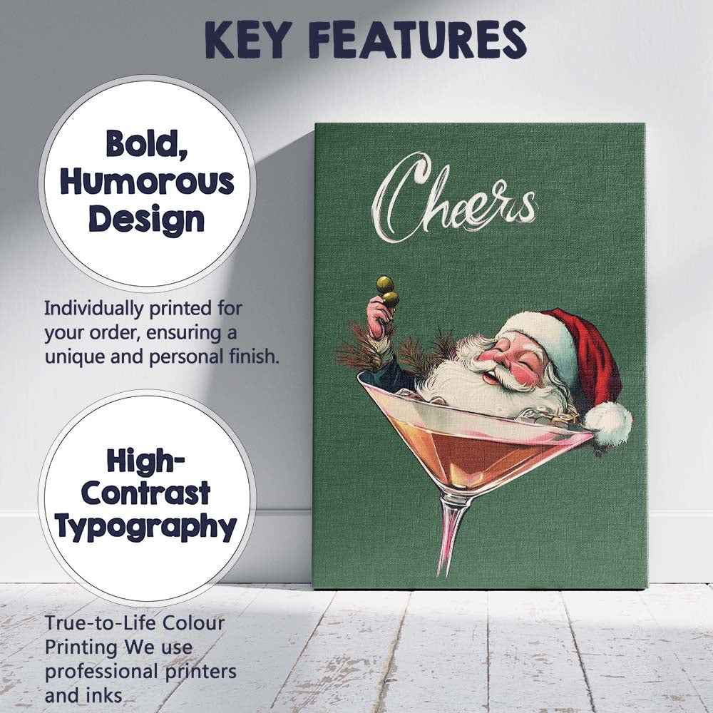 Festive Santa Martini Cocktail Cheers Christmas Illustration Canvas Wall Art Print Decor Picture Ready to Hang
