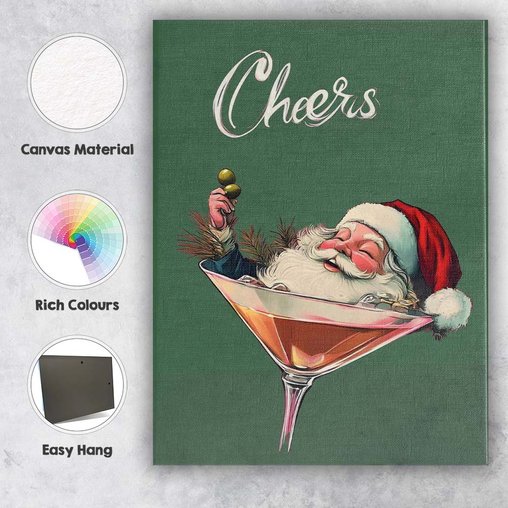 Festive Santa Martini Cocktail Cheers Christmas Illustration Canvas Wall Art Print Decor Picture Ready to Hang