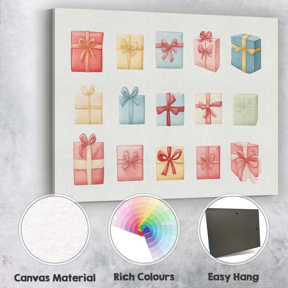 Pastel Christmas Gift Box Collection Watercolour Illustration Canvas Wall Art Print Decor Picture Ready to Hang