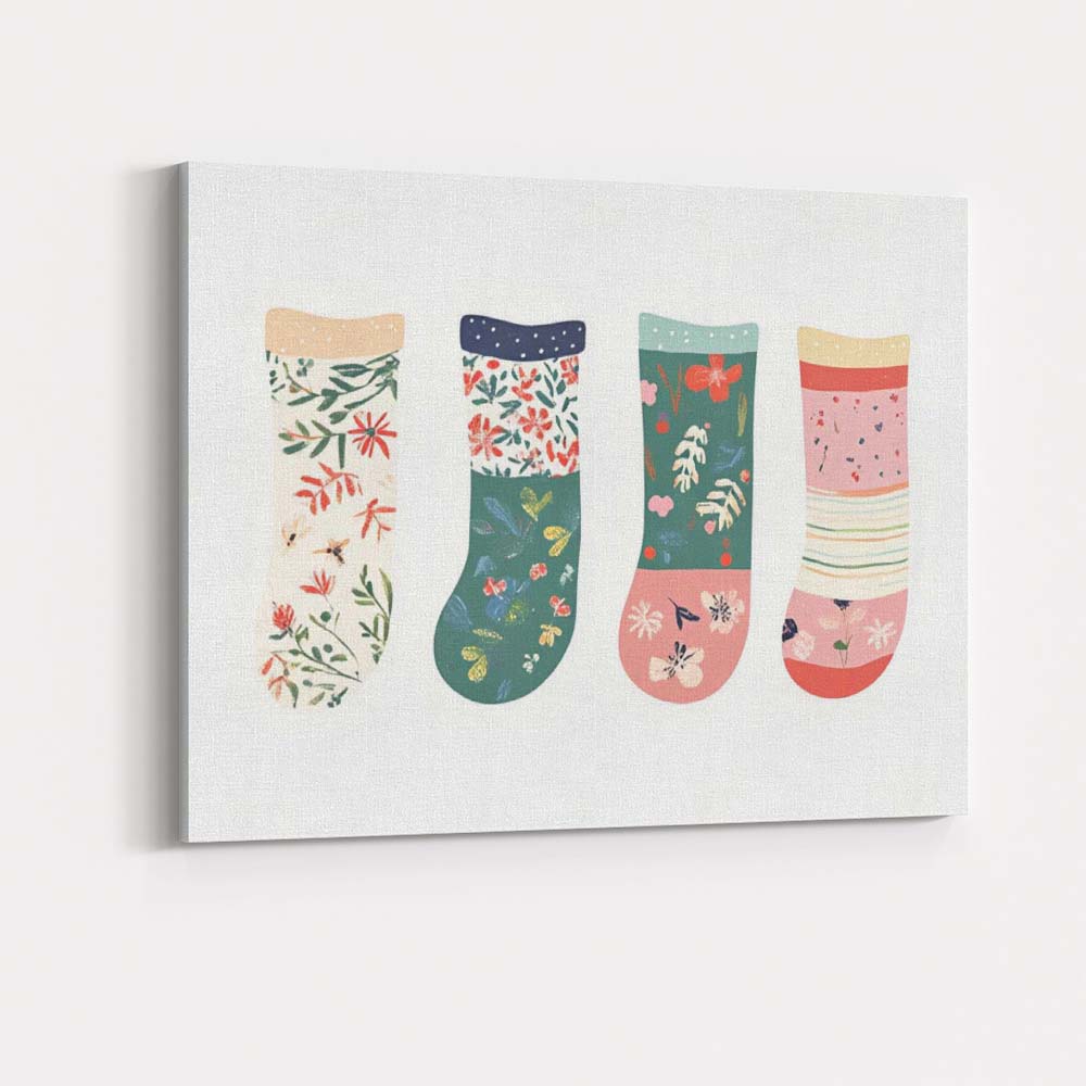 Pastel Floral Christmas Stocking Collection Watercolour Illustration Canvas Wall Art Print Decor Picture Ready to Hang