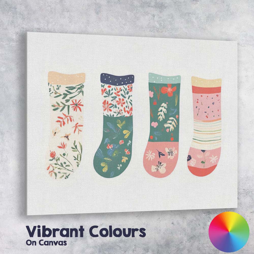 Pastel Floral Christmas Stocking Collection Watercolour Illustration Canvas Wall Art Print Decor Picture Ready to Hang