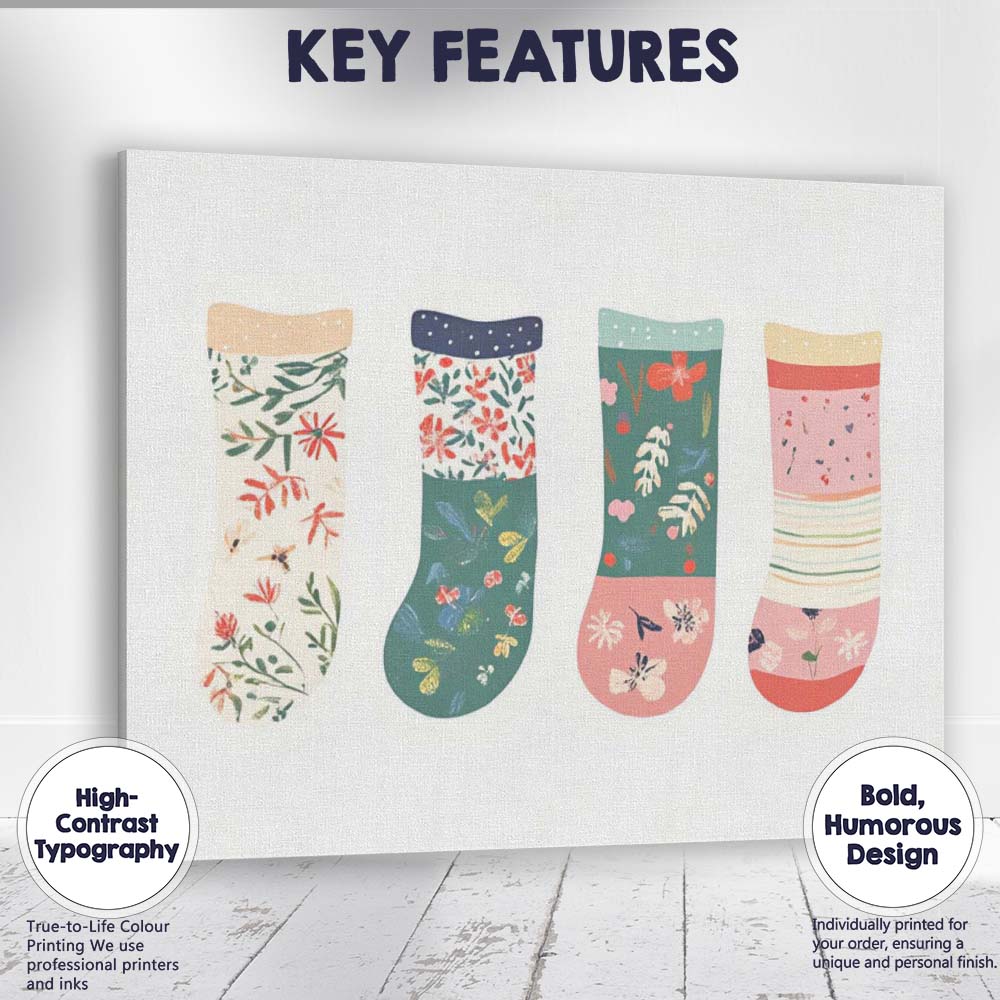 Pastel Floral Christmas Stocking Collection Watercolour Illustration Canvas Wall Art Print Decor Picture Ready to Hang