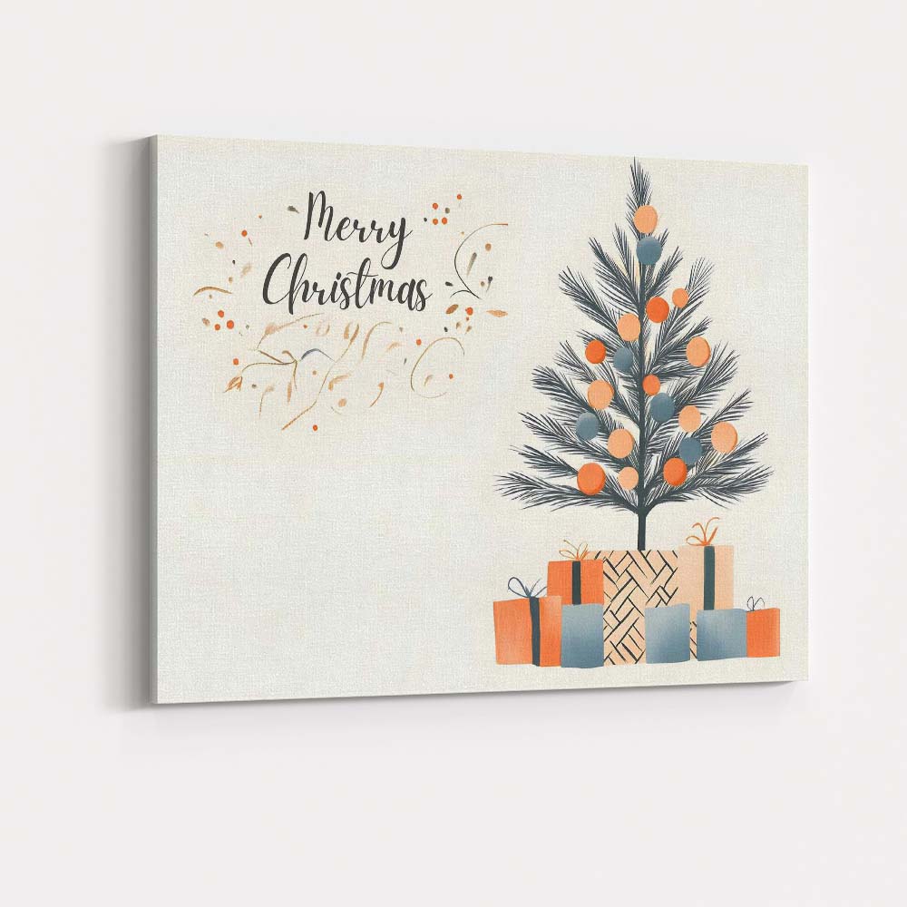Minimalist Merry Christmas Tree With Wrapped Gifts Illustration Canvas Wall Art Print Decor Picture Ready to Hang