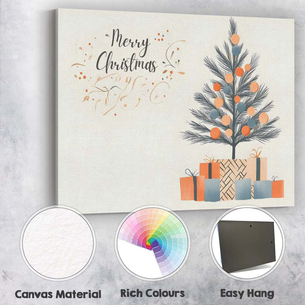 Minimalist Merry Christmas Tree With Wrapped Gifts Illustration Canvas Wall Art Print Decor Picture Ready to Hang