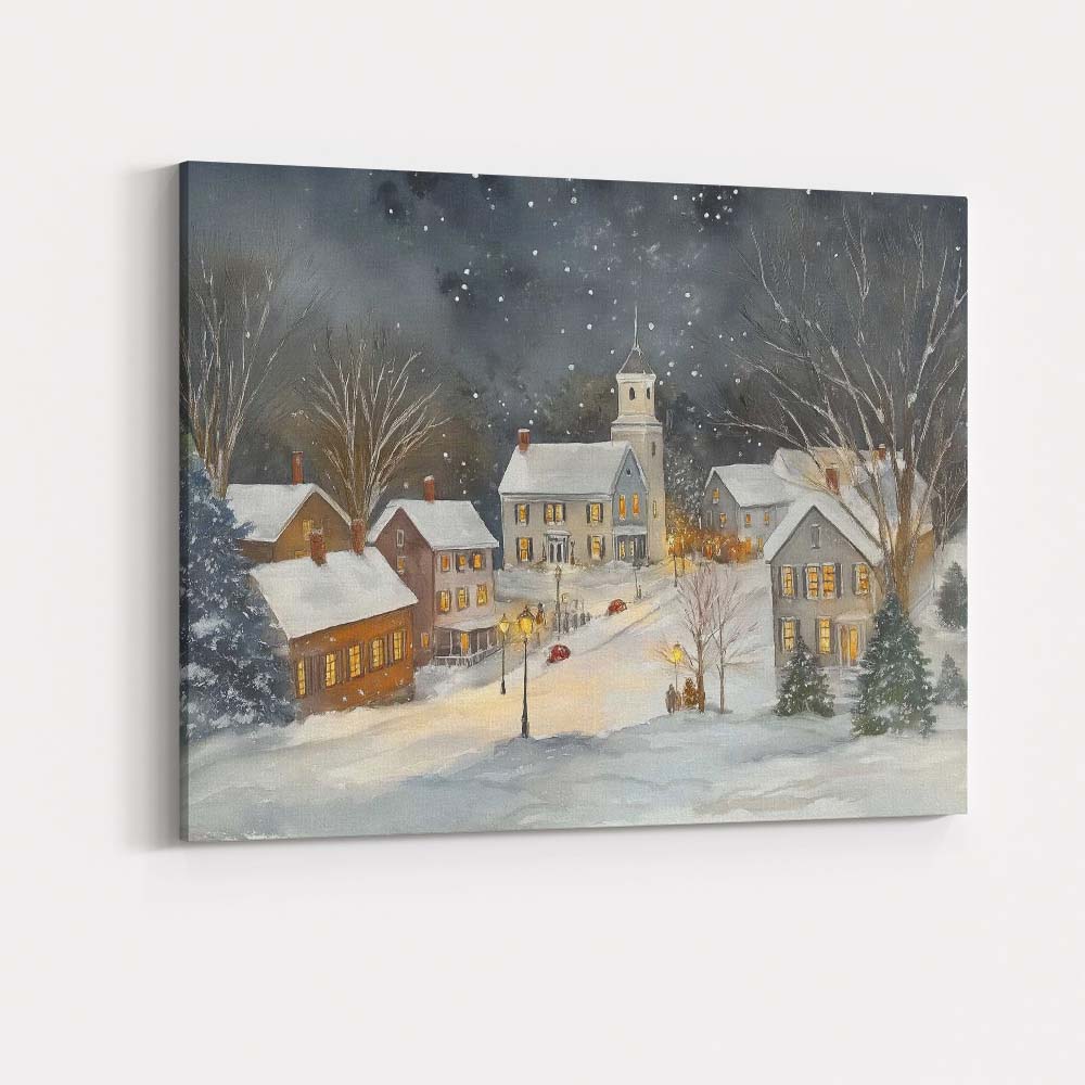 Cosy Snowy Christmas Village Night Watercolour Landscape Canvas Wall Art Print Decor Picture Ready to Hang
