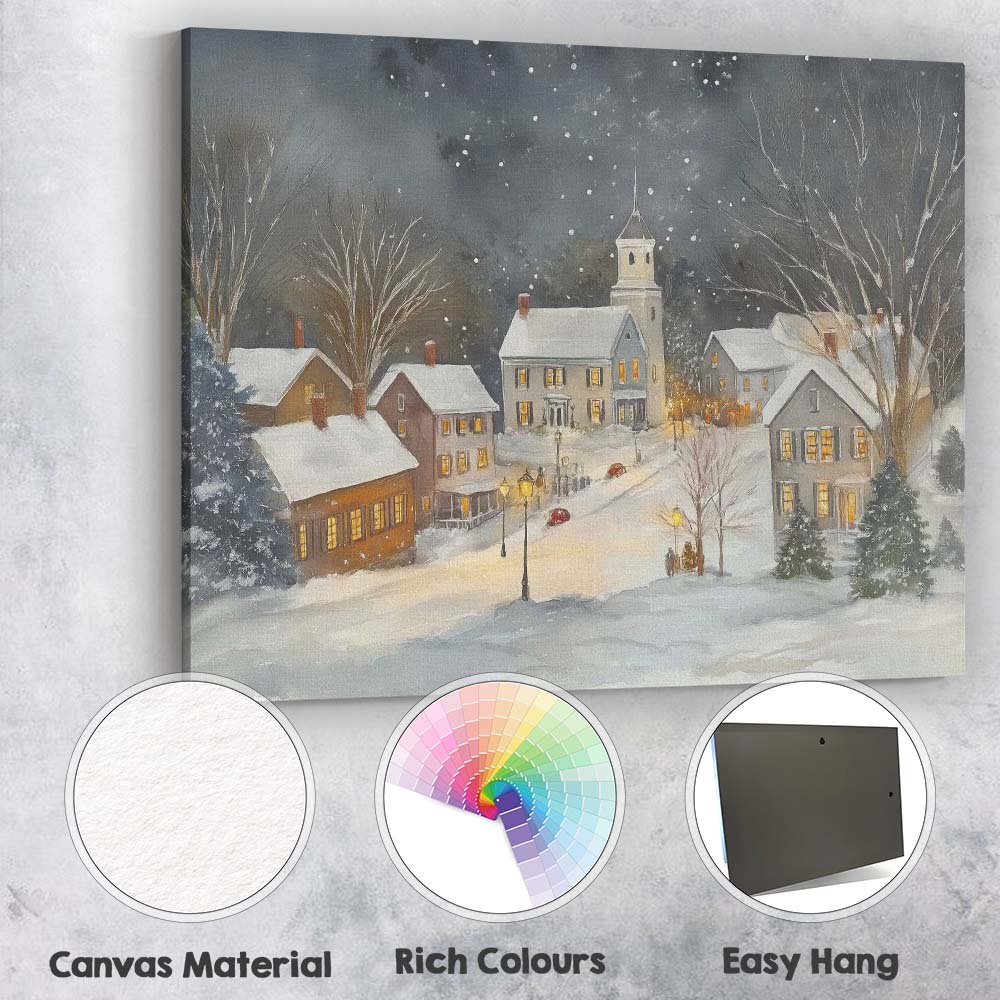 Cosy Snowy Christmas Village Night Watercolour Landscape Canvas Wall Art Print Decor Picture Ready to Hang