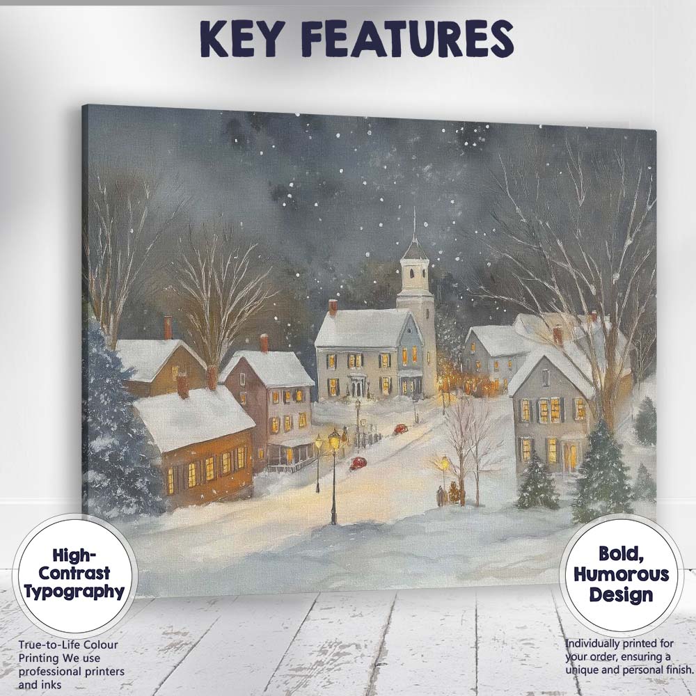 Cosy Snowy Christmas Village Night Watercolour Landscape Canvas Wall Art Print Decor Picture Ready to Hang