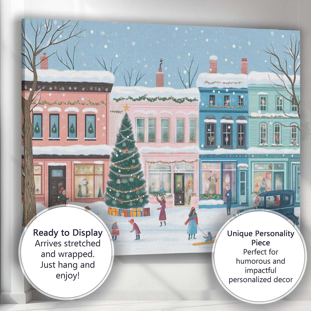 Pastel Christmas Town Square Festive Tree Winter Village Canvas Wall Art Print Decor Picture Ready to Hang