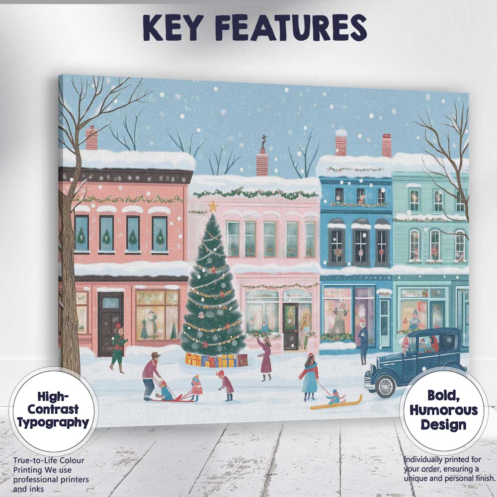 Pastel Christmas Town Square Festive Tree Winter Village Canvas Wall Art Print Decor Picture Ready to Hang