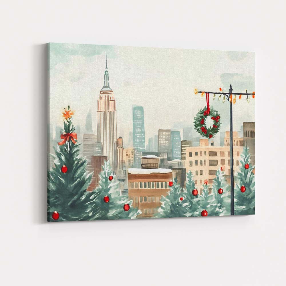 Watercolour New York City Christmas Skyline Winter Wreath Canvas Wall Art Print Decor Picture Ready to Hang