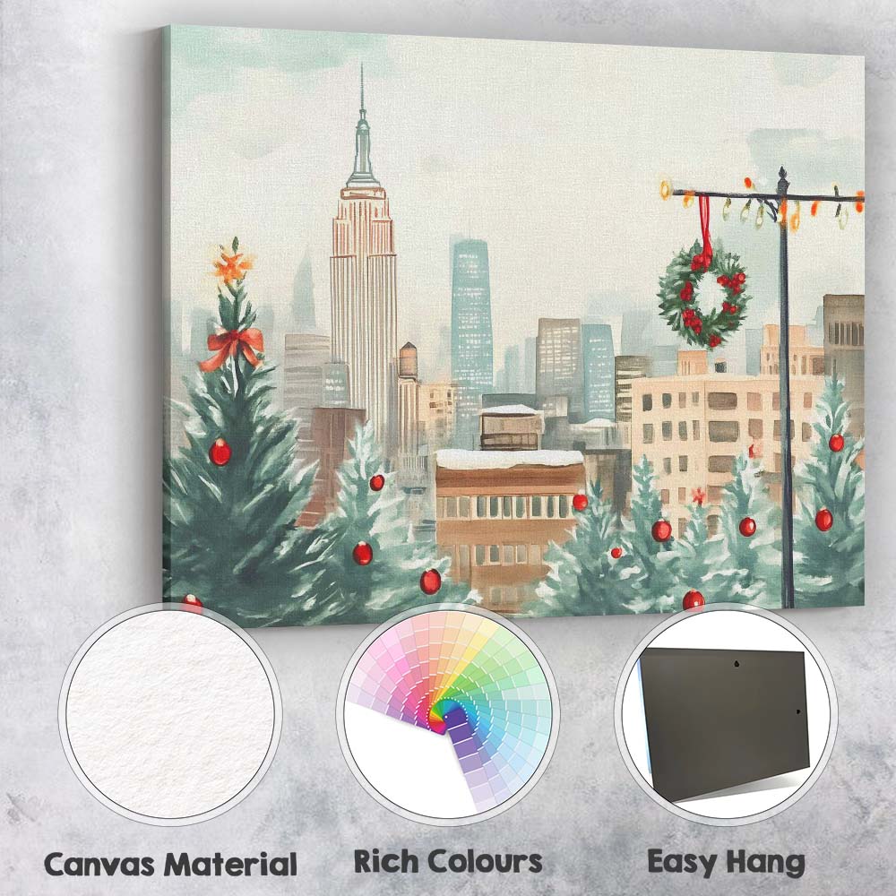 Watercolour New York City Christmas Skyline Winter Wreath Canvas Wall Art Print Decor Picture Ready to Hang