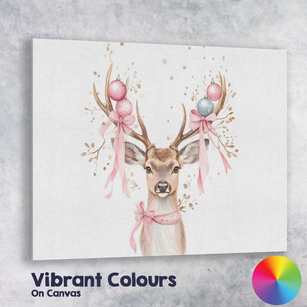 Cute Watercolour Christmas Reindeer Pink Baubles Woodland Animal Canvas Wall Art Print Decor Picture Ready to Hang