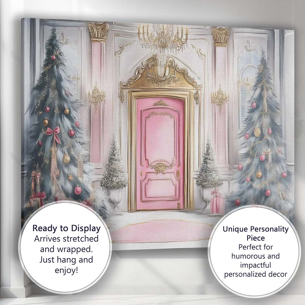Luxury Pink Christmas Entrance Elegant Festive Door Watercolour Canvas Wall Art Print Decor Picture Ready to Hang