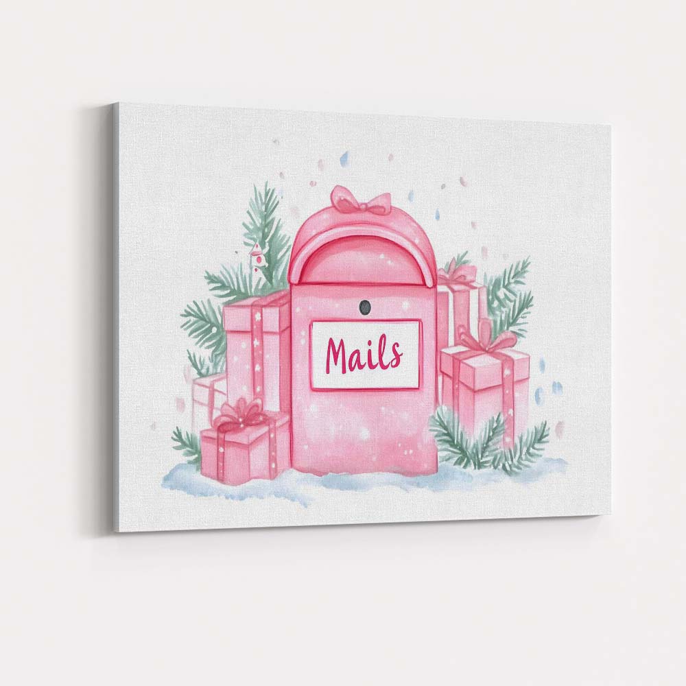 Pink Christmas Mailbox Watercolour Gift Boxes Festive Illustration Canvas Wall Art Print Decor Picture Ready to Hang