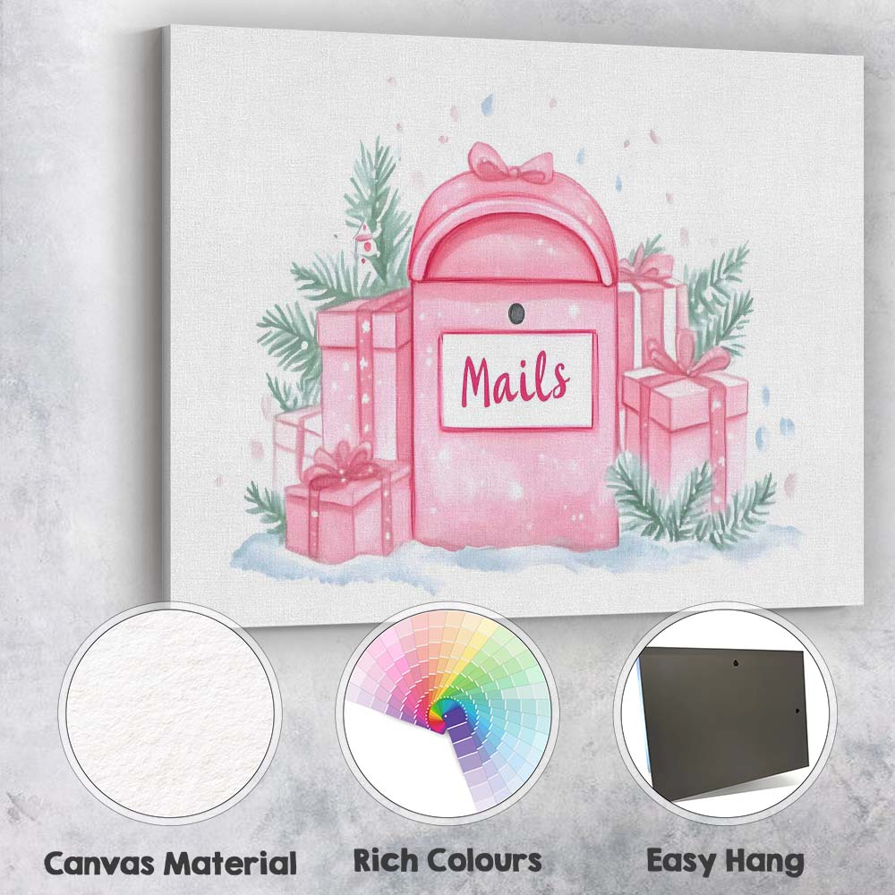 Pink Christmas Mailbox Watercolour Gift Boxes Festive Illustration Canvas Wall Art Print Decor Picture Ready to Hang