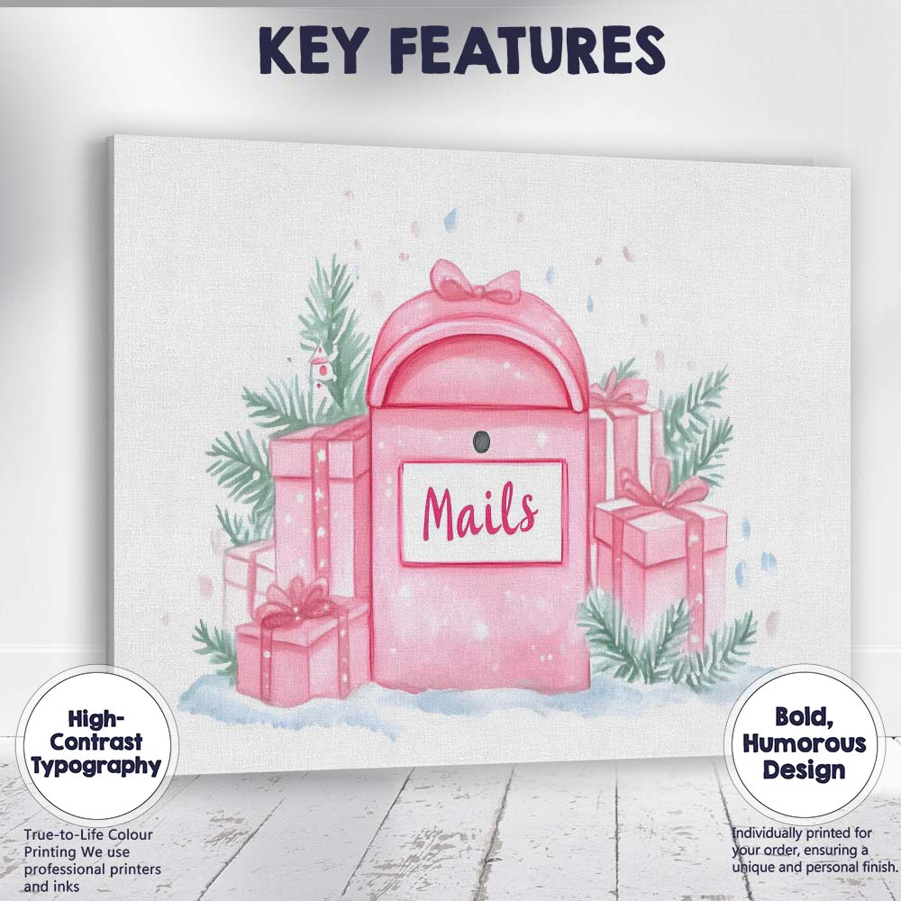 Pink Christmas Mailbox Watercolour Gift Boxes Festive Illustration Canvas Wall Art Print Decor Picture Ready to Hang