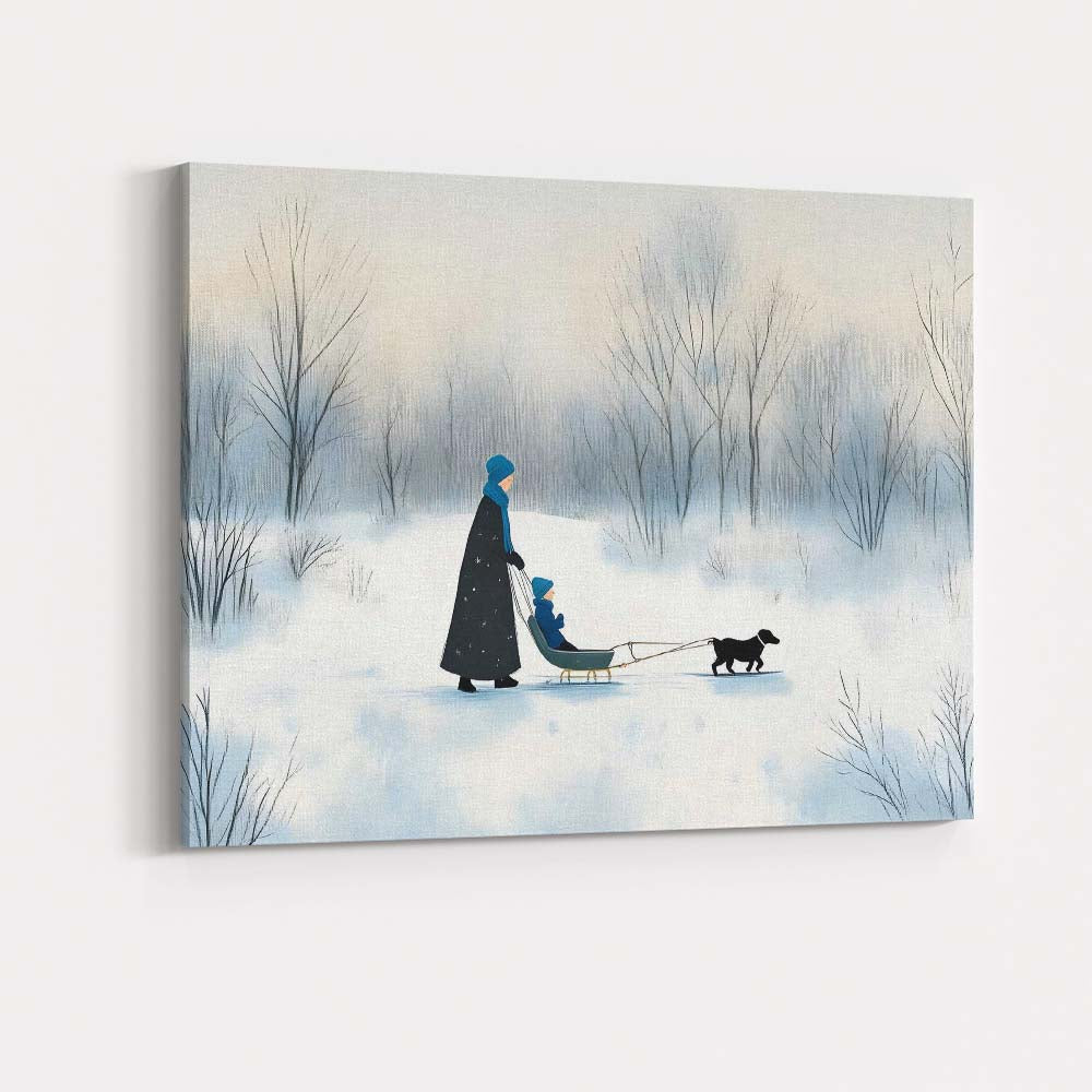 Minimalist Winter Family Sled Dog Snowy Woodland Watercolour Canvas Wall Art Print Decor Picture Ready to Hang