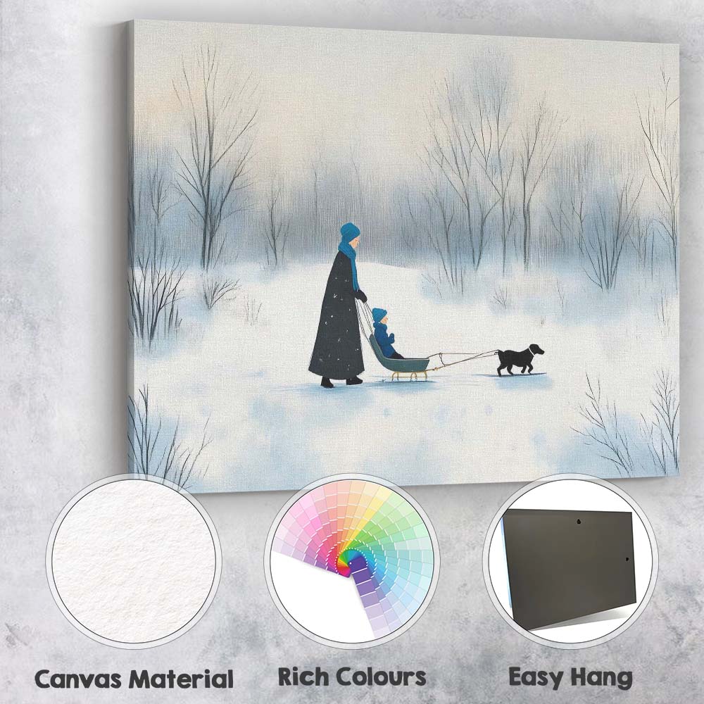 Minimalist Winter Family Sled Dog Snowy Woodland Watercolour Canvas Wall Art Print Decor Picture Ready to Hang