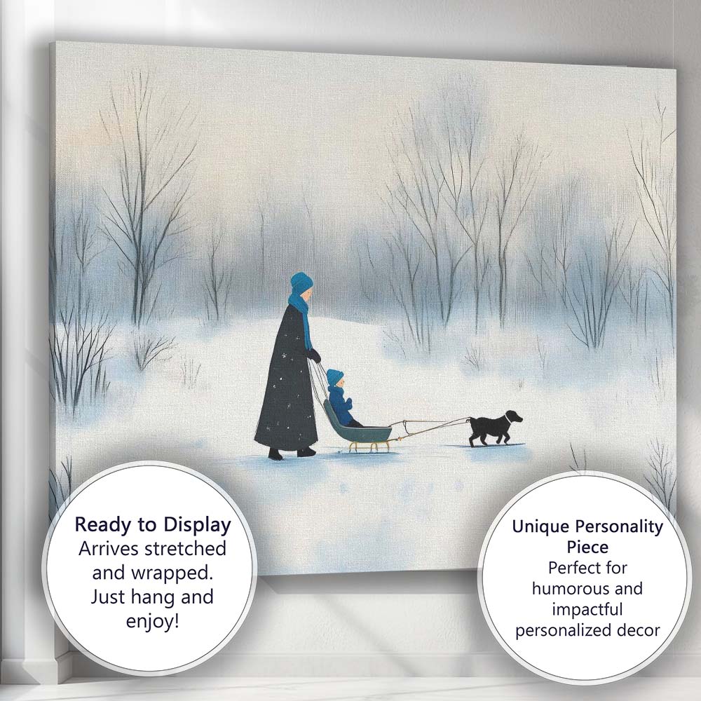 Minimalist Winter Family Sled Dog Snowy Woodland Watercolour Canvas Wall Art Print Decor Picture Ready to Hang