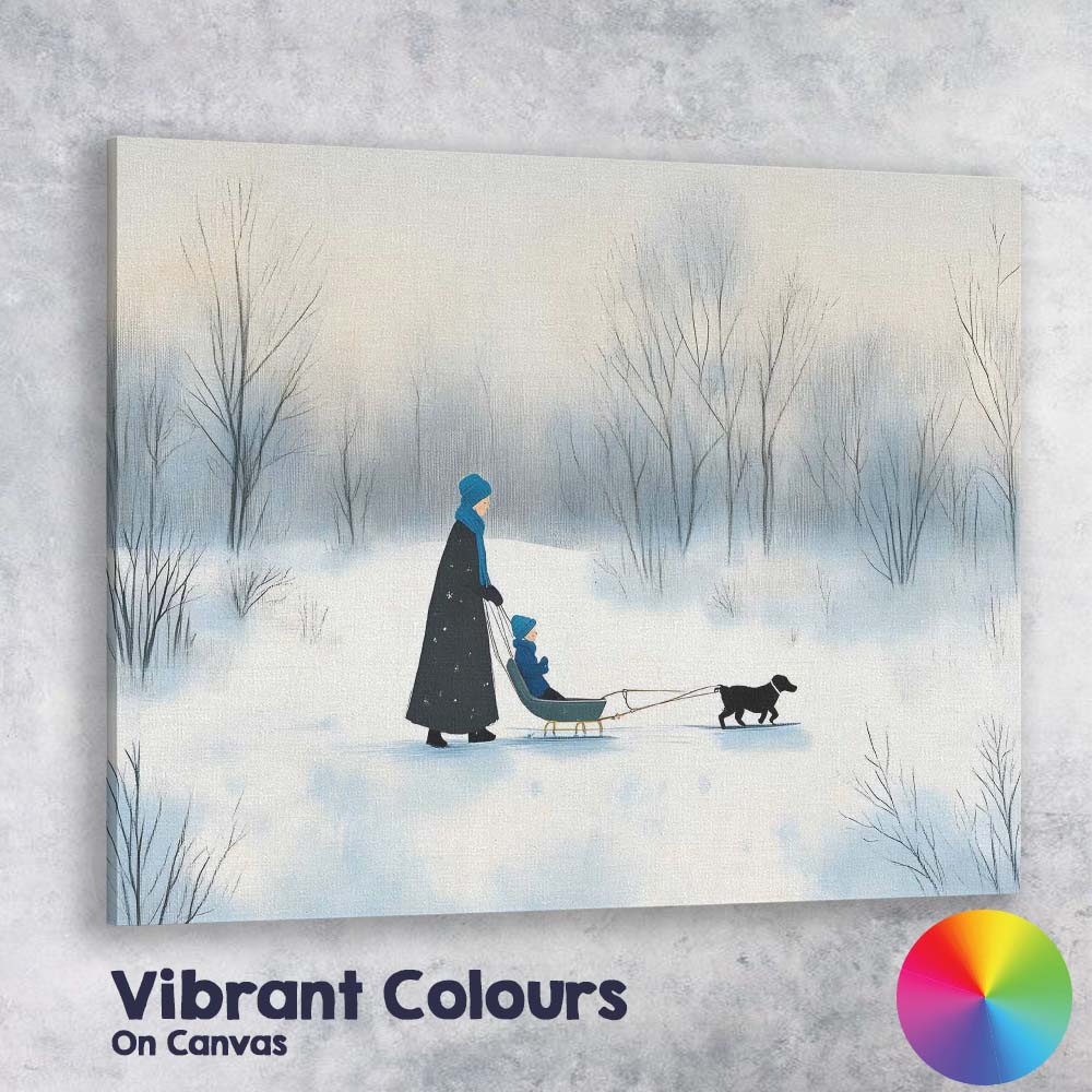 Minimalist Winter Family Sled Dog Snowy Woodland Watercolour Canvas Wall Art Print Decor Picture Ready to Hang