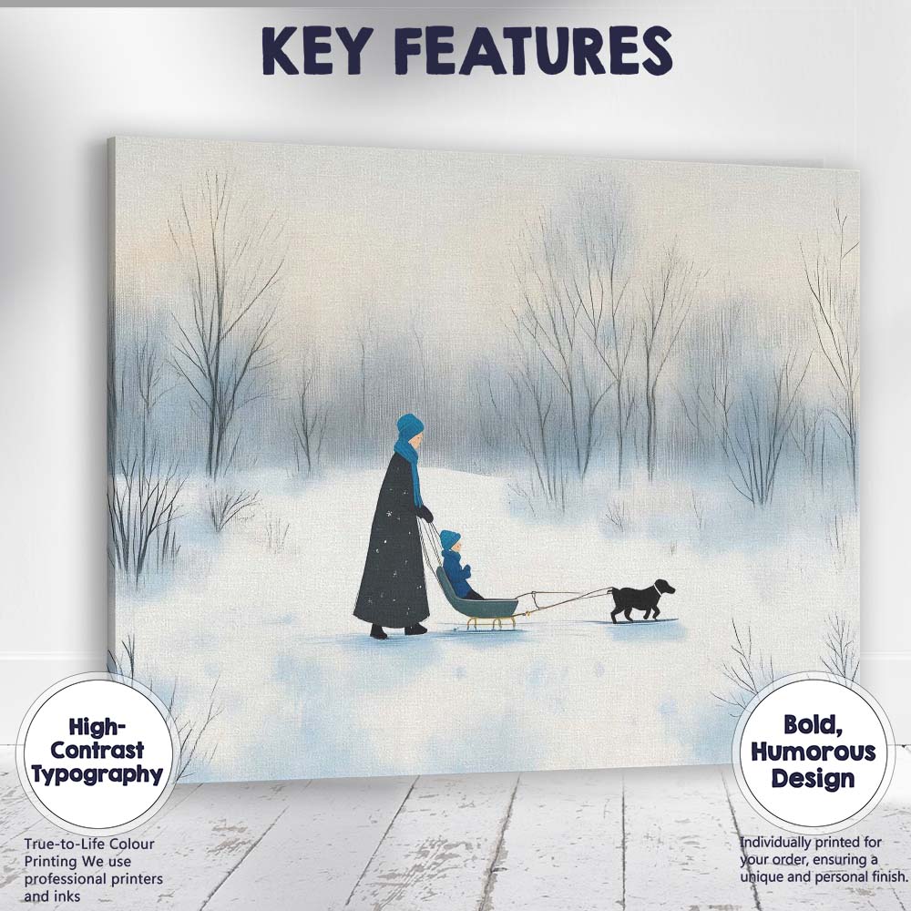 Minimalist Winter Family Sled Dog Snowy Woodland Watercolour Canvas Wall Art Print Decor Picture Ready to Hang