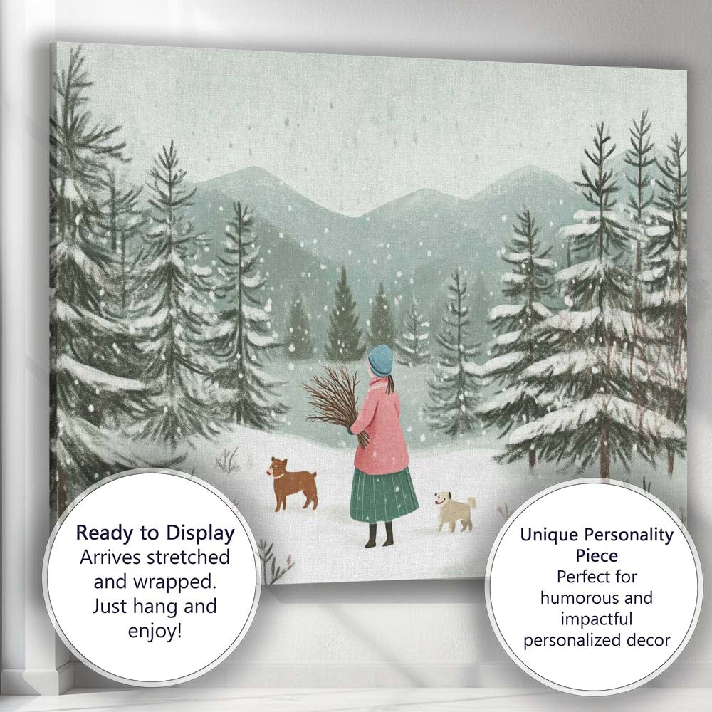 Scandinavian Winter Forest Woman With Dogs Snowy Landscape Canvas Wall Art Print Decor Picture Ready to Hang