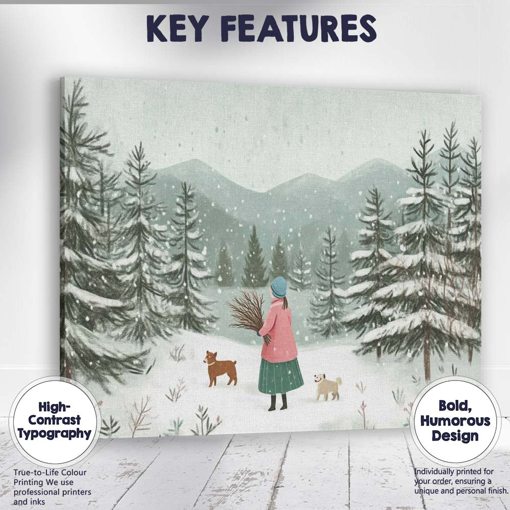 Scandinavian Winter Forest Woman With Dogs Snowy Landscape Canvas Wall Art Print Decor Picture Ready to Hang