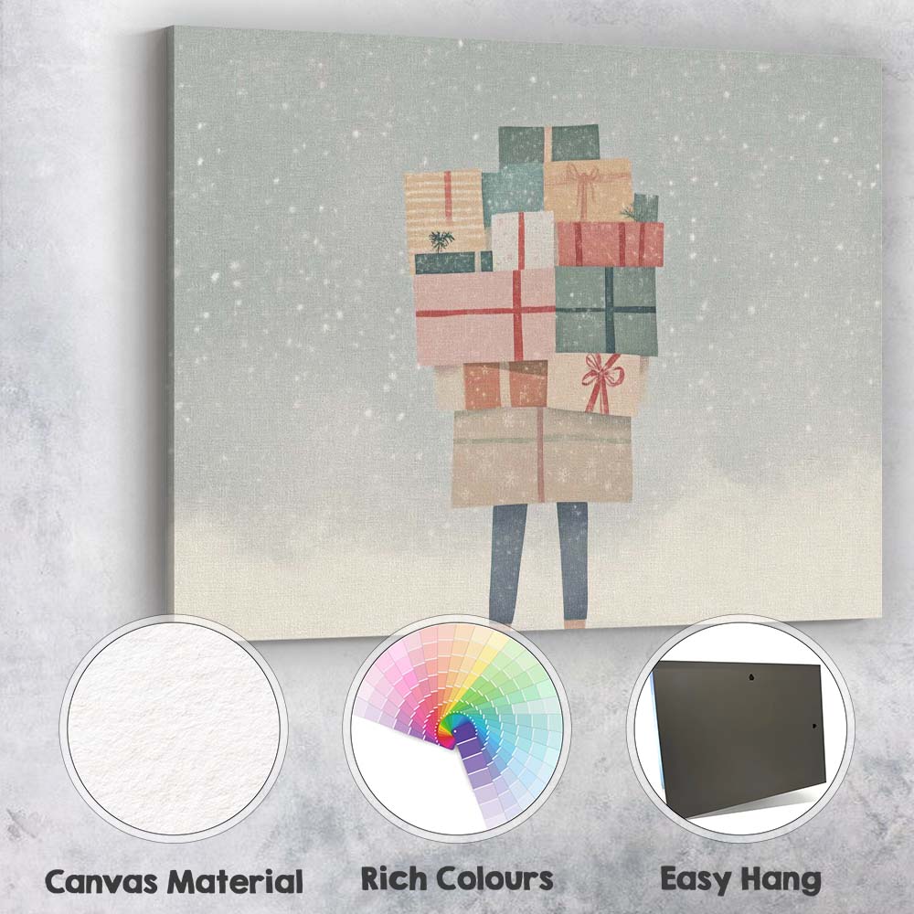 Minimalist Christmas Gift Boxes Snowy Winter Illustration Canvas Wall Art Print Decor Picture Ready to Hang